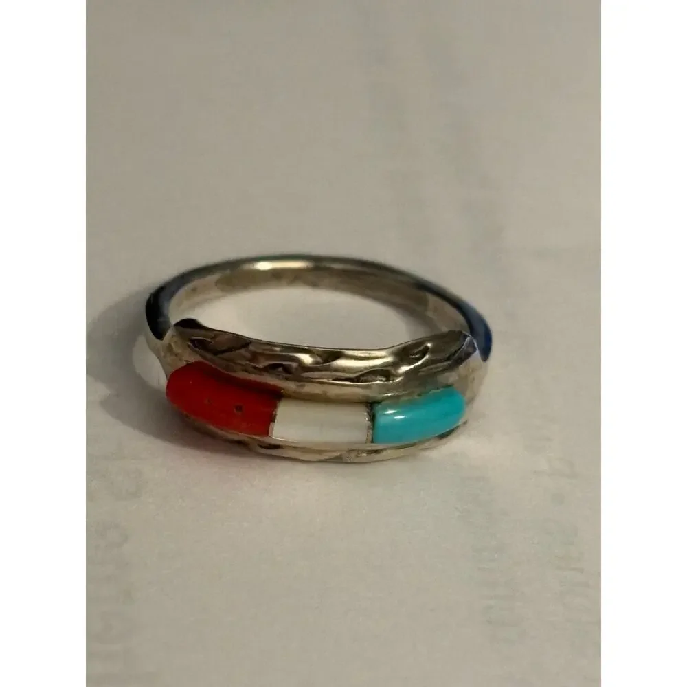 Vintage Zuni Signed Gus & Lorie Panteah Sterling Silver Inlay Ring Size 5.25